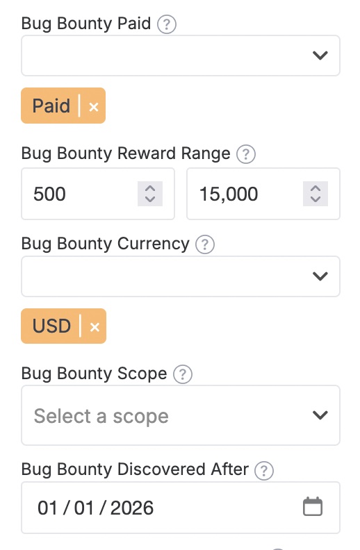 SaaS Browser bug bounty search filters showing paid status, reward range, currency, scope, and discovery date options