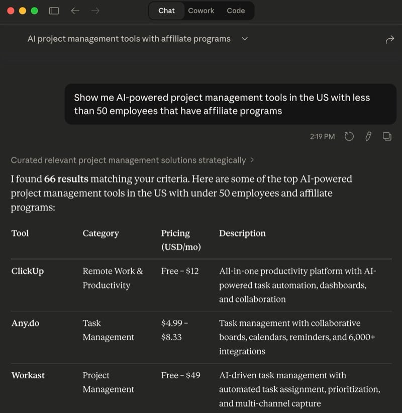 SaaS Browser search in Claude - AI-powered project management tools query with structured results
